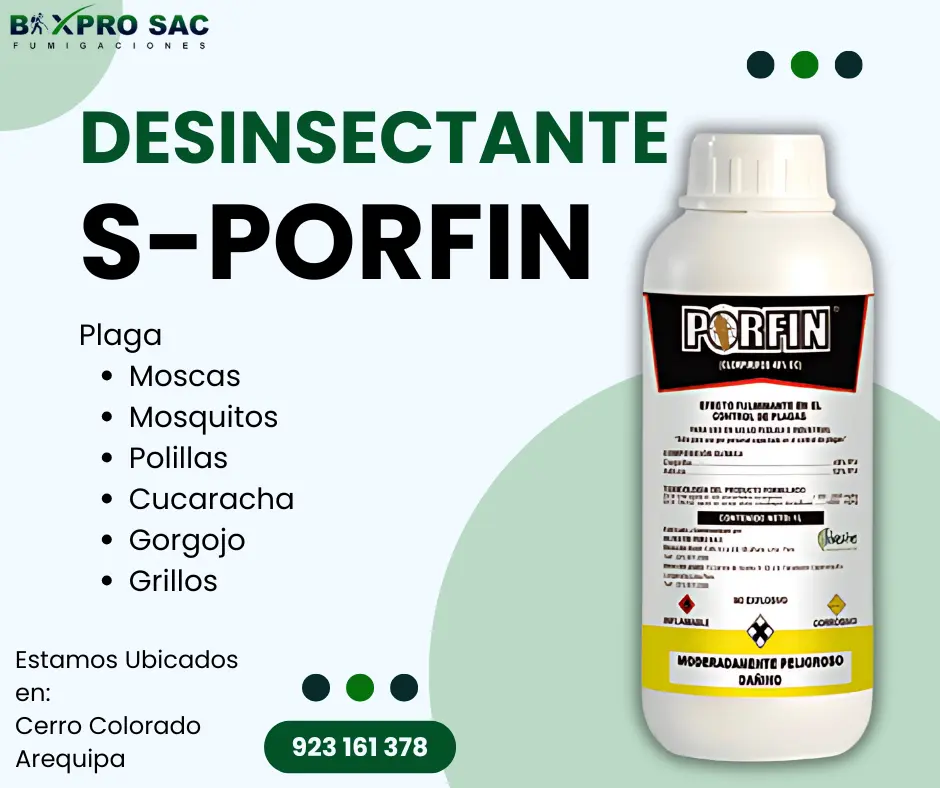 Insecticida S-PORFIN en su presentación original para el control de plagas.