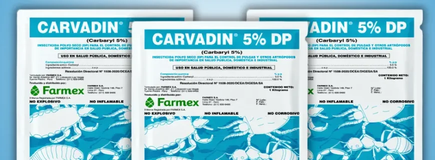 Bolsa de 1 kg del insecticida Carvadin 5% DP para control de plagas.
