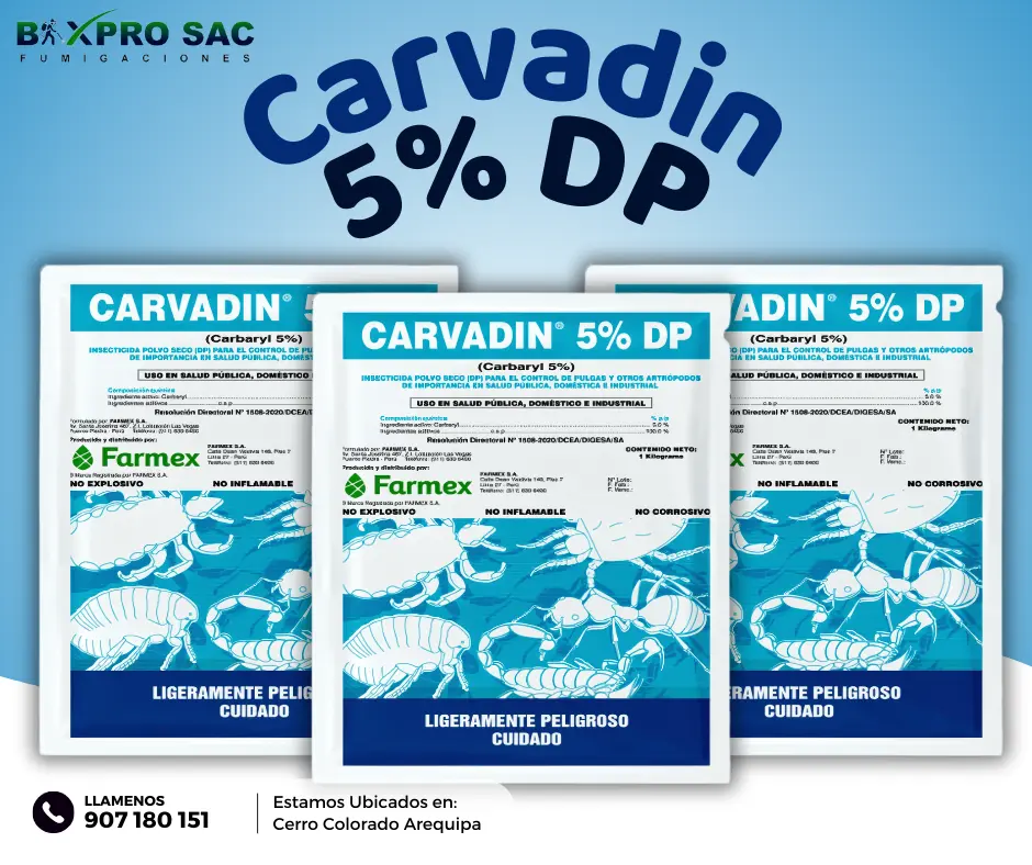 Bolsa de 1 kg del insecticida Carvadin 5% DP para control de plagas.