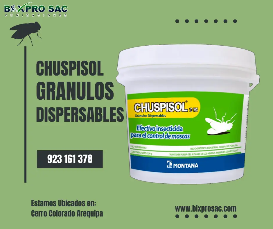 Envase del producto Chuspisol 10 WG para el control de moscas.