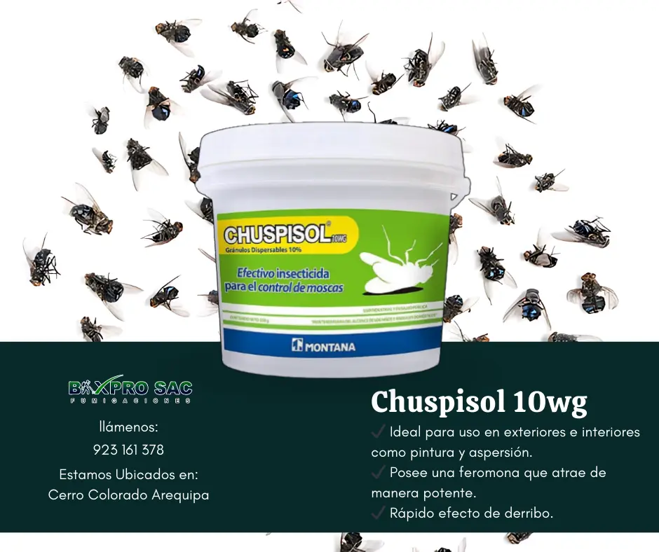 Chuspisol 10 WG utilizado en una industria avícola para el control de moscas.