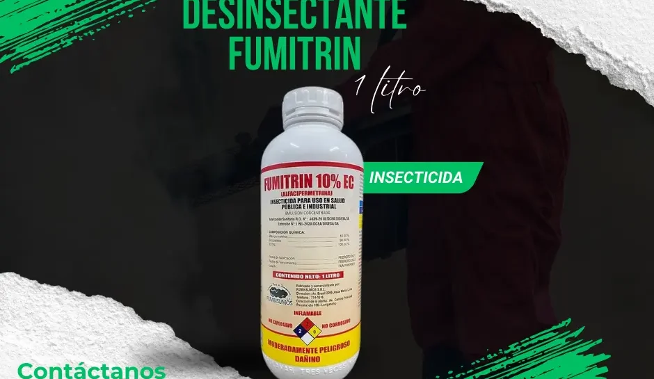 Botella de Fumitrin, insecticida de acción prolongada.