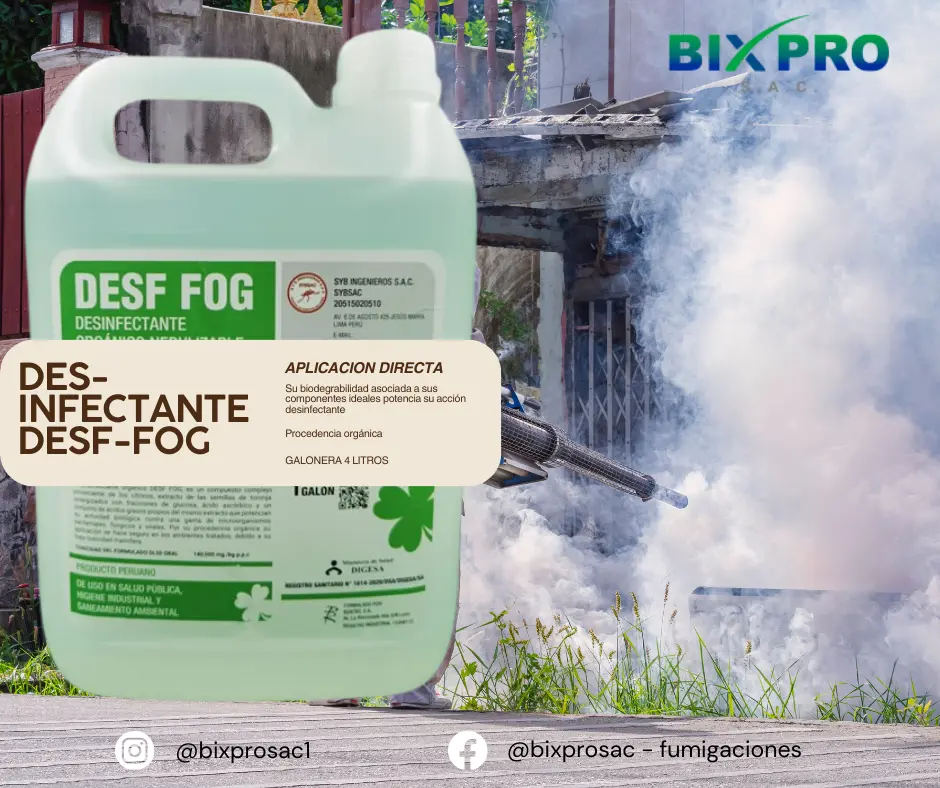 Botella de Desf-Fog, desinfectante biodegradable de alta eficacia.