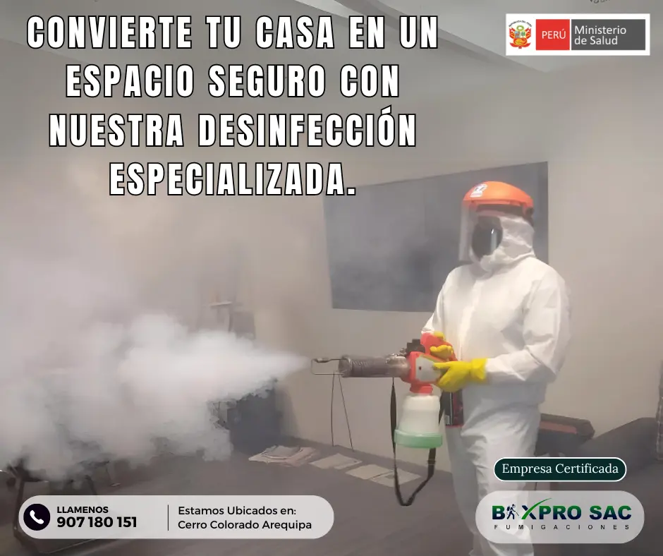 Técnicos con equipo de protección para desinfección.