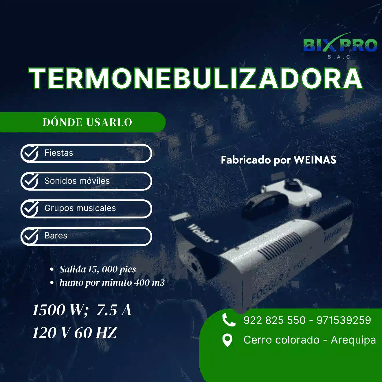 Termonebulizadora iluminada creando efectos en un evento.